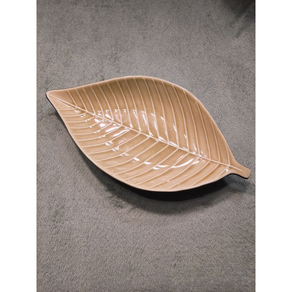Taupe Leaf Ceramic Serving Dish Crackle Glaze Tan Black 12.5 Inch Platter